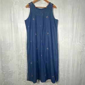 Jean Jumper XL Floral Embroidered Midi Length Blue Denim Dress